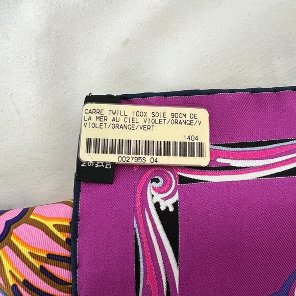 [RARE] Hermès 2014 De la Mer au Ciel Silk Scarf 90cm in Violet, Orange, Vert - Picture 7 of 10